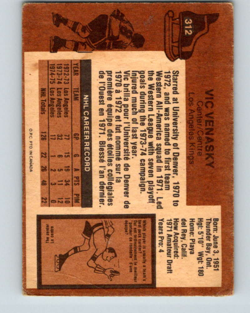 1975-76 O-Pee-Chee #312 Vic Venasky Los Angeles Kings 9540 Image 2