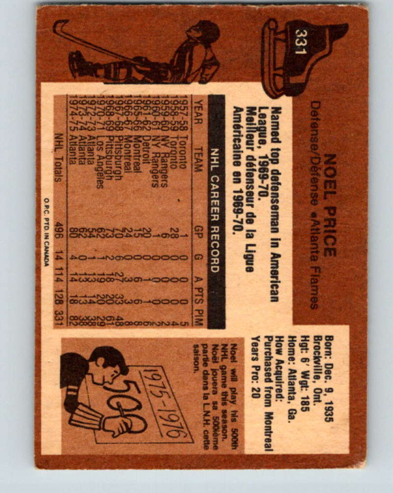 1975-76 O-Pee-Chee #331 Noel Price Atlanta Flames 9559 Image 2