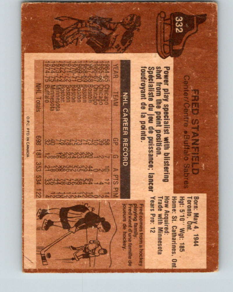 1975-76 O-Pee-Chee #332 Fred Stanfield Buffalo Sabres 9560 Image 2