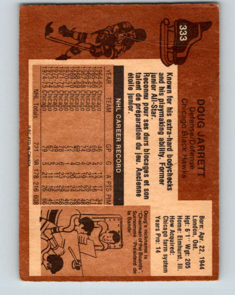 1975-76 O-Pee-Chee #333 Doug Jarrett Chicago Blackhawks 9561 Image 2