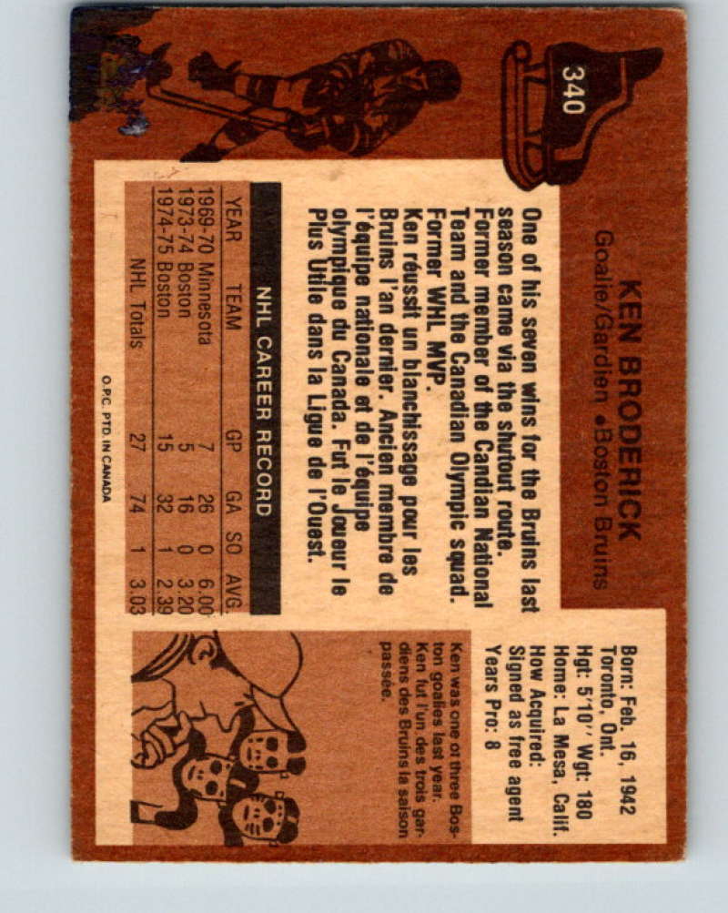 1975-76 O-Pee-Chee #340 Ken Broderick Boston Bruins 9568