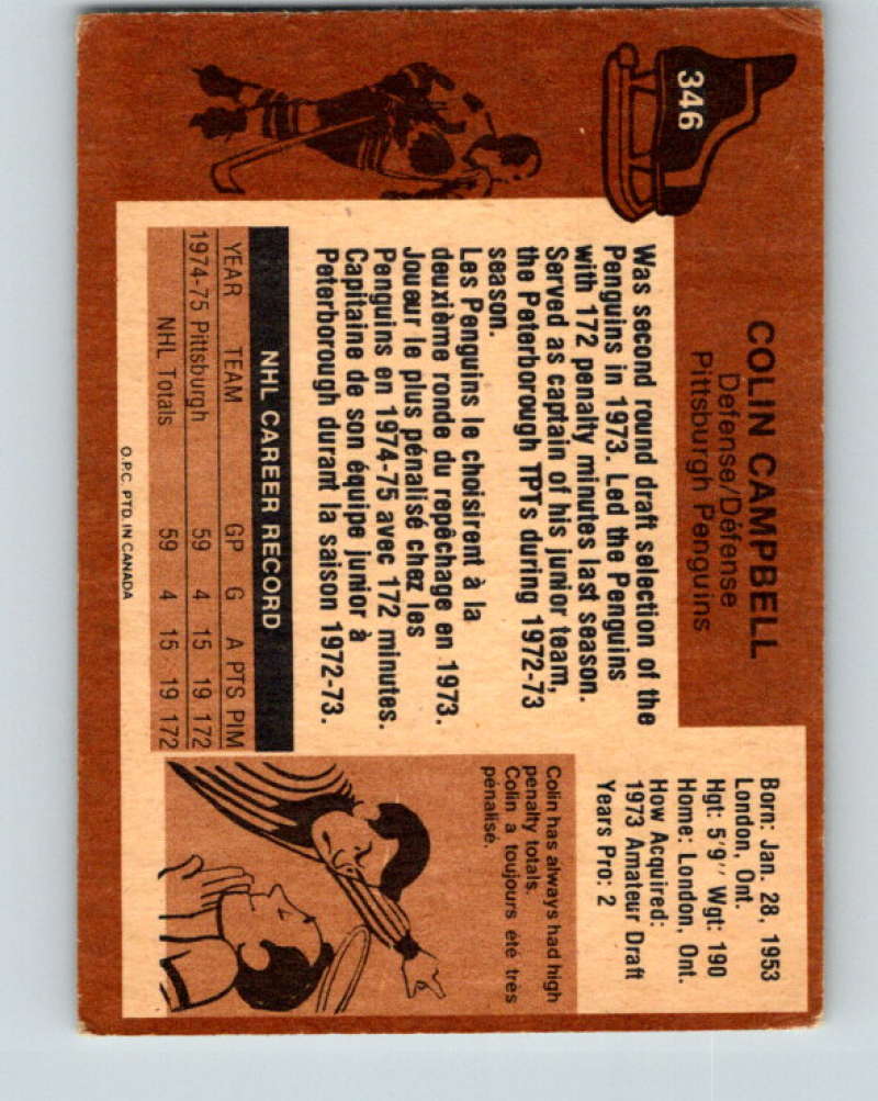 1975-76 O-Pee-Chee #346 Colin Campbell RC Rookie Pittsburgh Penguins 9574