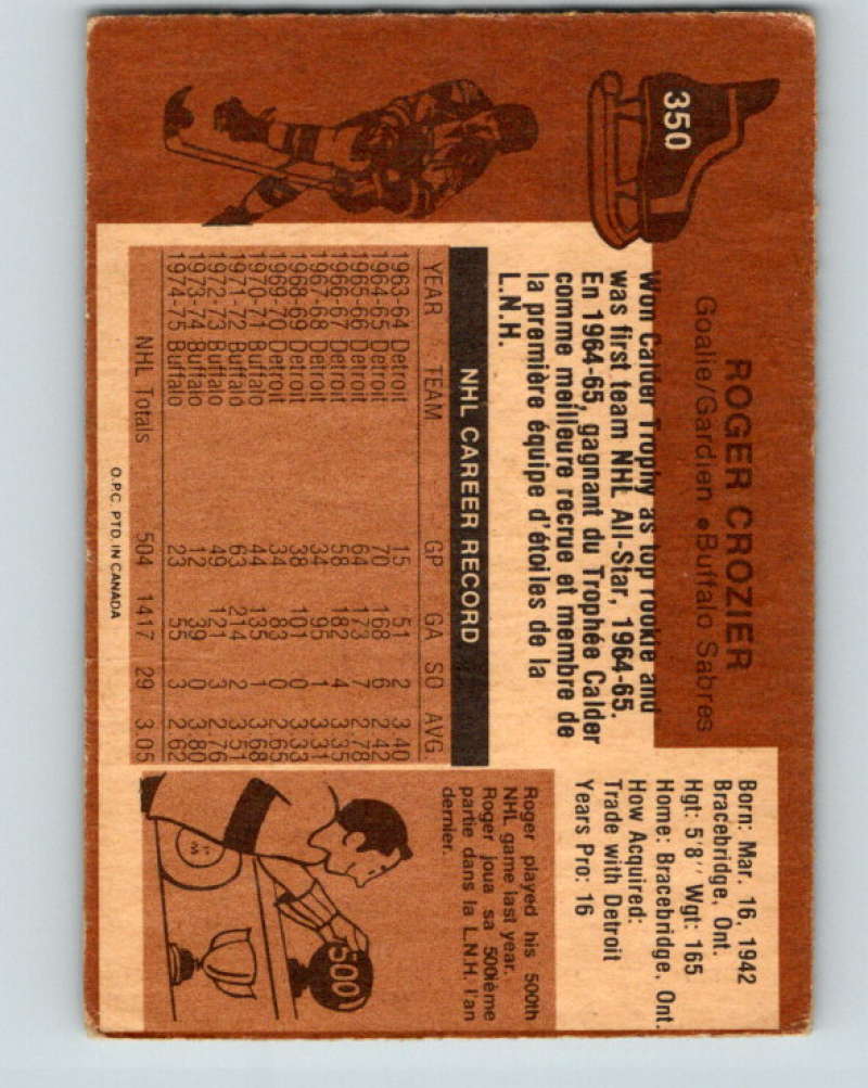 1975-76 O-Pee-Chee #350 Roger Crozier Buffalo Sabres 9578