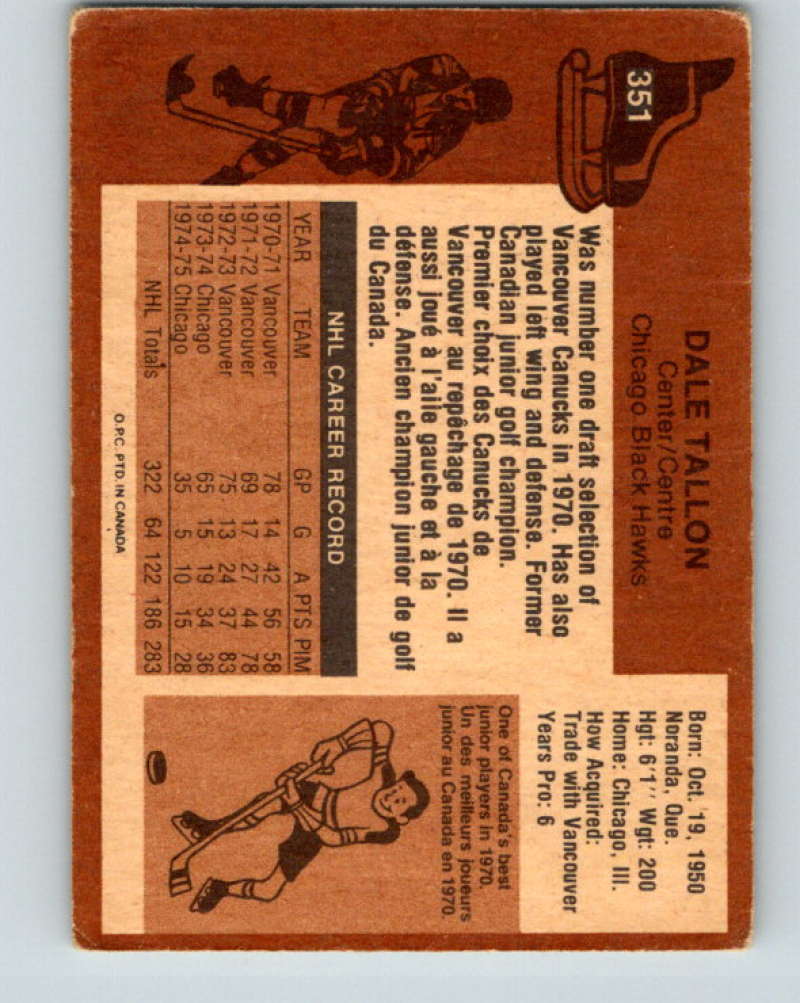 1975-76 O-Pee-Chee #351 Dale Tallon Chicago Blackhawks 9579 Image 2