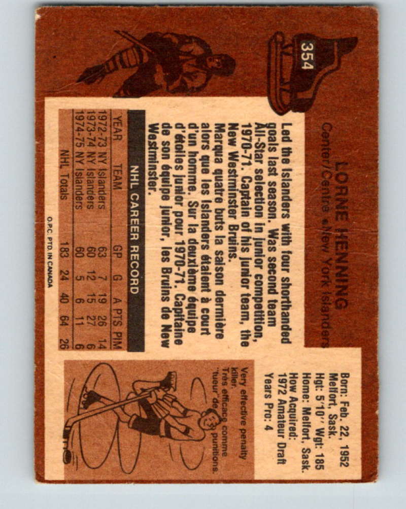 1975-76 O-Pee-Chee #354 Lorne Henning New York Islanders 9582 Image 2