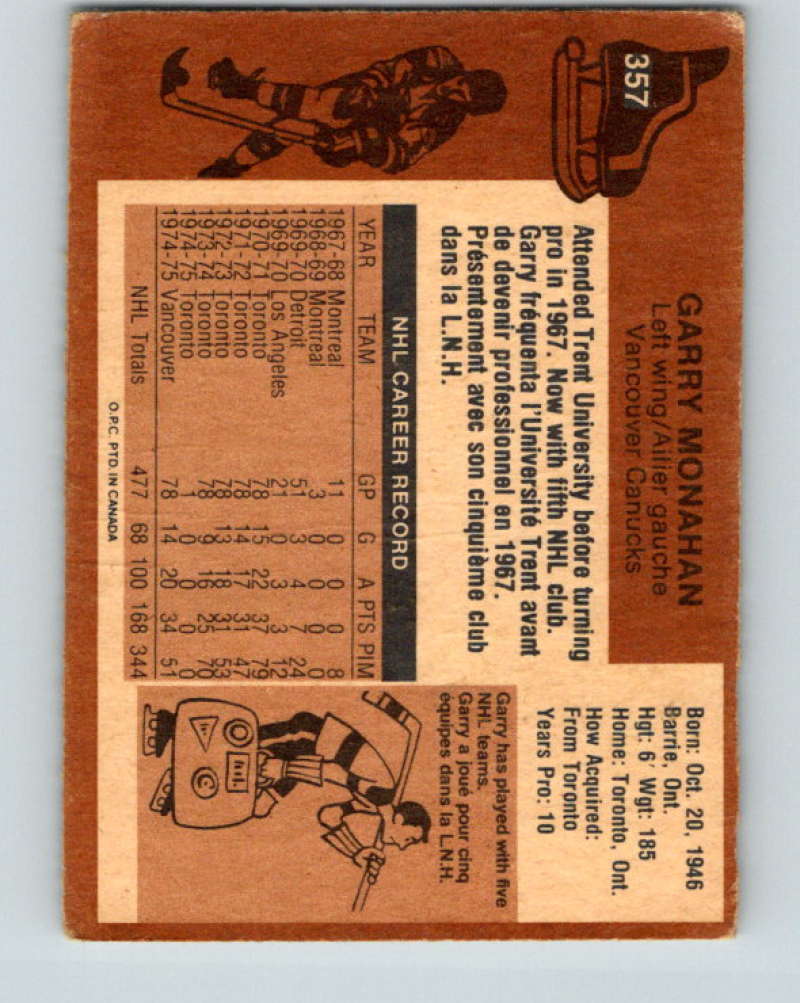 1975-76 O-Pee-Chee #357 Garry Monahan Vancouver Canucks 9585 Image 2