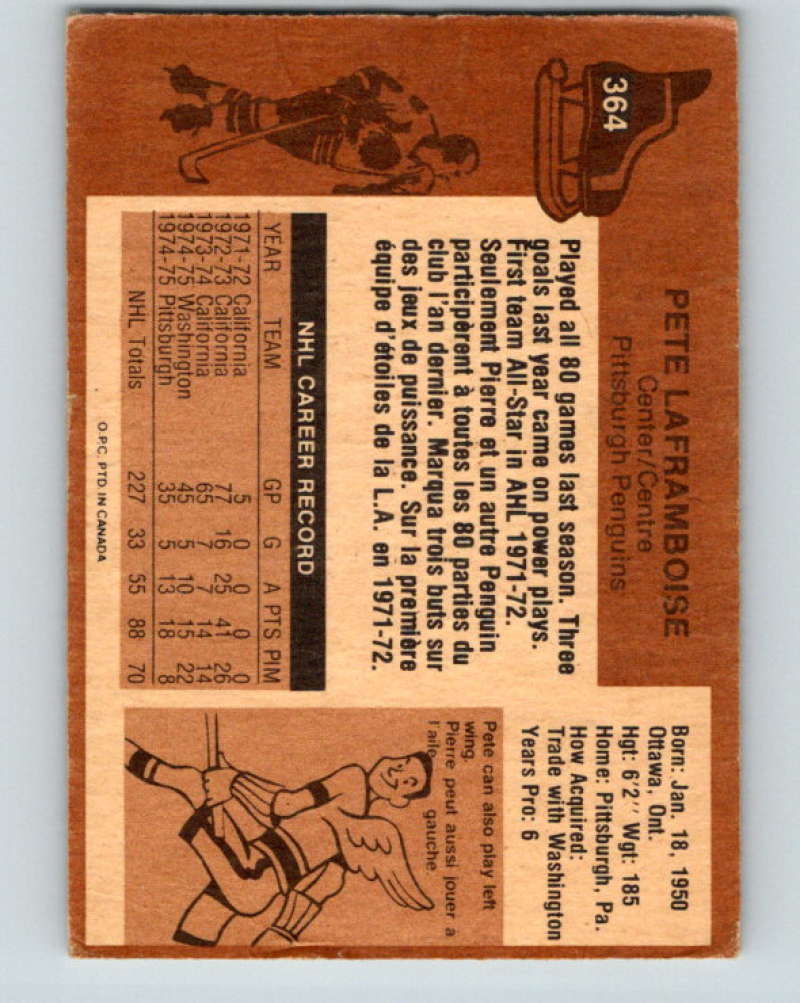 1975-76 O-Pee-Chee #364 Pete Laframboise Pittsburgh Penguins 9592 Image 2