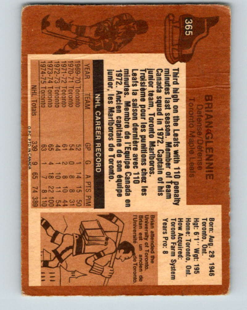 1975-76 O-Pee-Chee #365 Brian Glennie Toronto Maple Leafs 9593