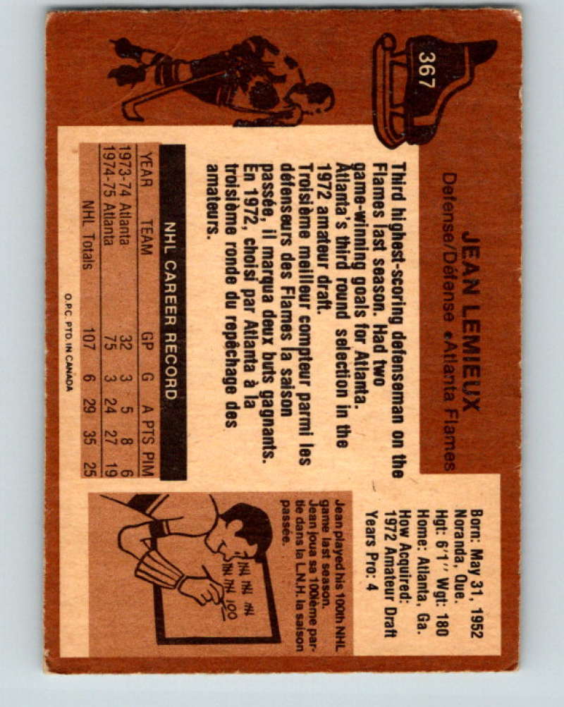 1975-76 O-Pee-Chee #367 Jean Lemieux RC Rookie Atlanta Flames 9595
