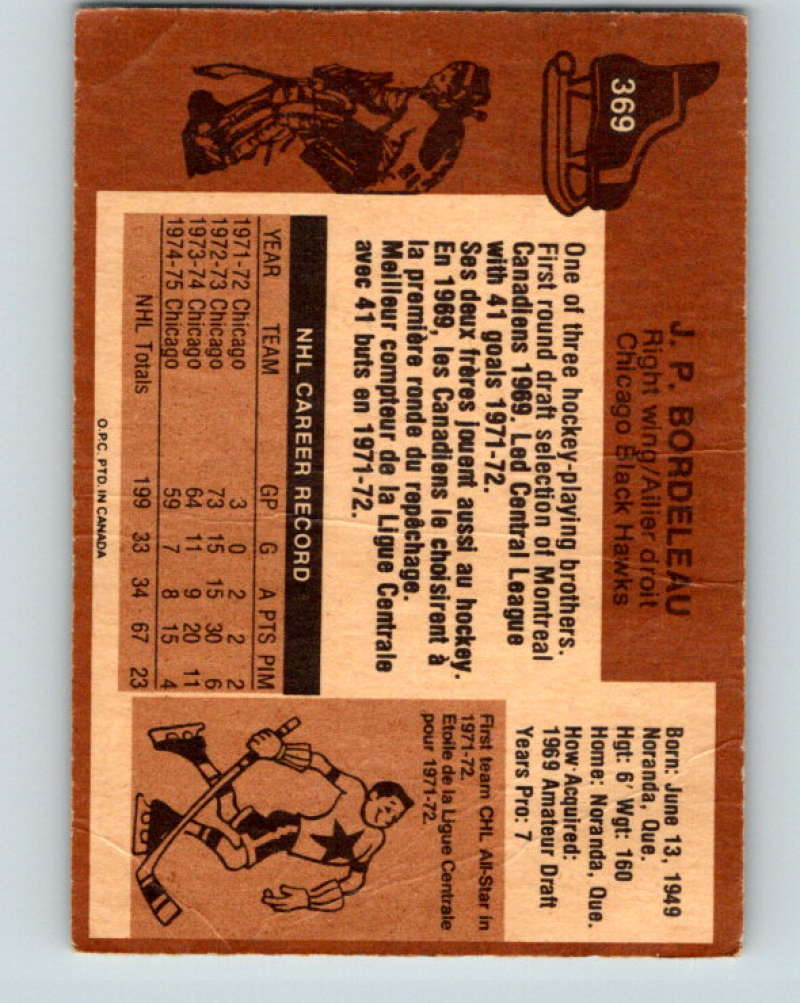 1975-76 O-Pee-Chee #369 J.P. Bordeleau Chicago Blackhawks 9597 Image 2