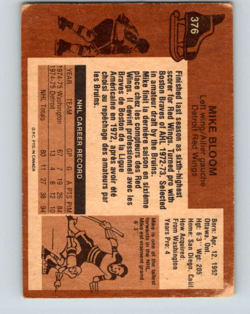 1975-76 O-Pee-Chee #376 Mike Bloom Detroit Red Wings 9604