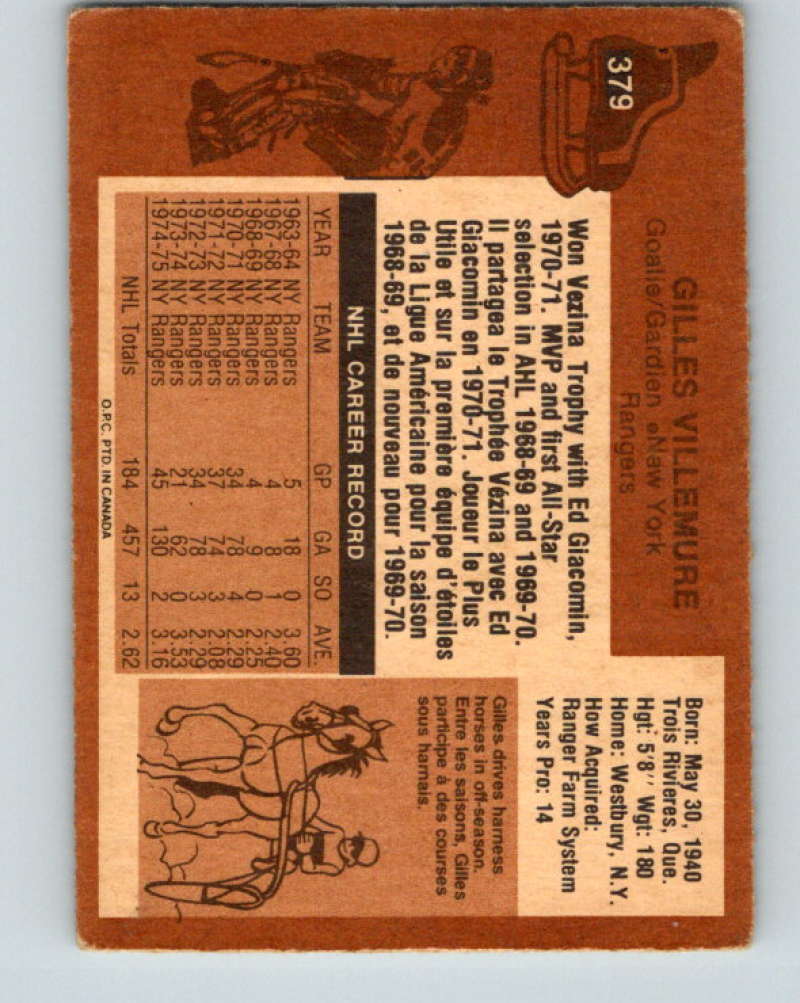 1975-76 O-Pee-Chee #379 Gilles Villemure New York Rangers 9607