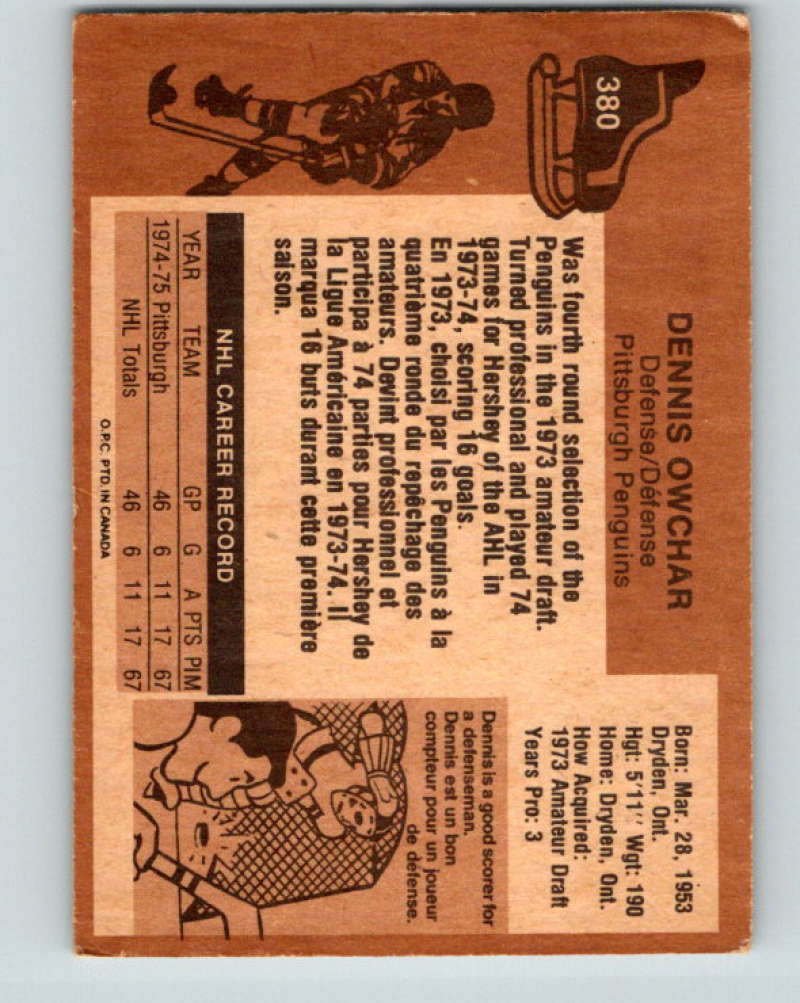 1975-76 O-Pee-Chee #380 Dennis Owchar RC Rookie Pittsburgh Penguins 9608 Image 2