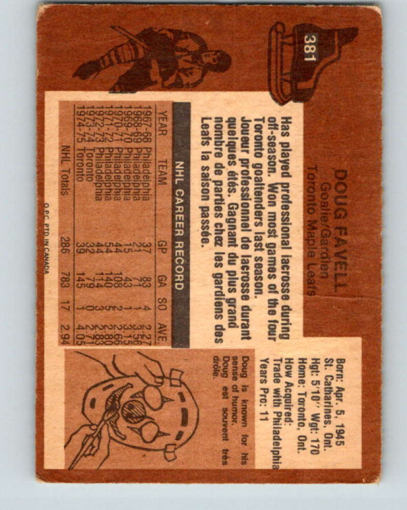 1975-76 O-Pee-Chee #381 Doug Favell Toronto Maple Leafs 9609