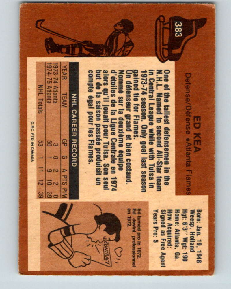 1975-76 O-Pee-Chee #383 Ed Kea RC Rookie Atlanta Flames 9611 Image 2