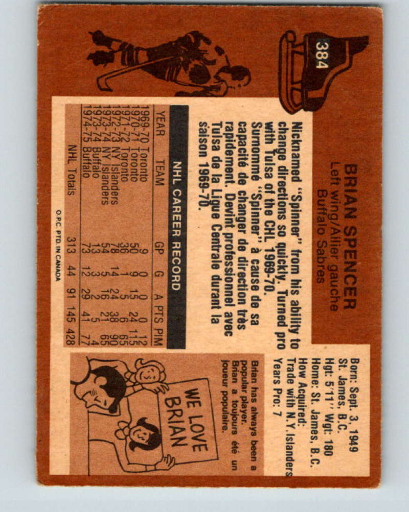 1975-76 O-Pee-Chee #384 Brian Spencer Buffalo Sabres 9612 Image 2