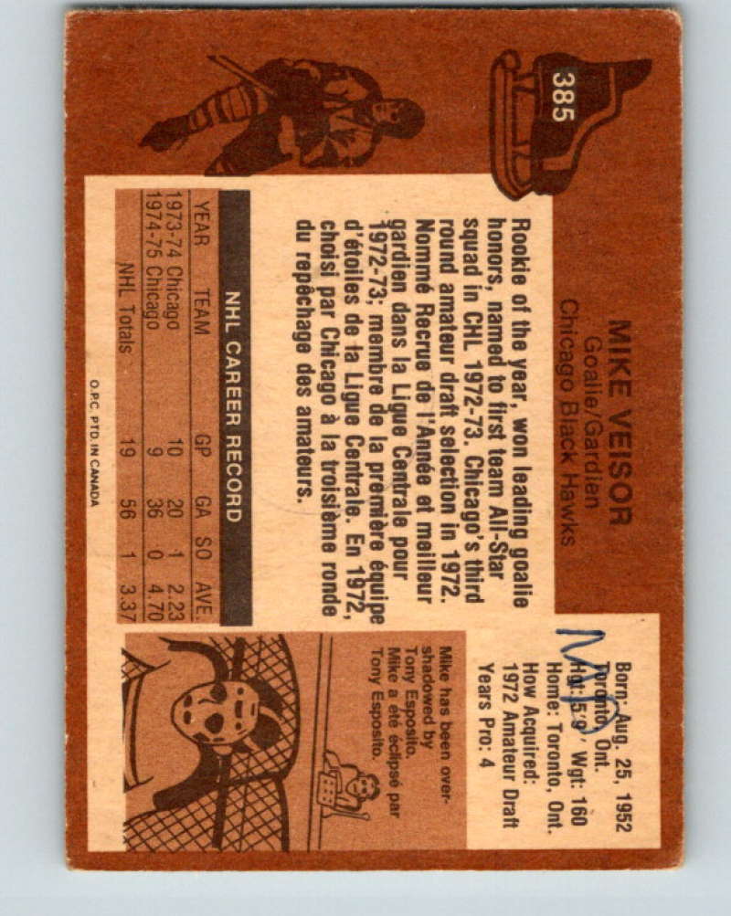 1975-76 O-Pee-Chee #385 Mike Veisor RC Rookie Chicago Blackhawks 9613
