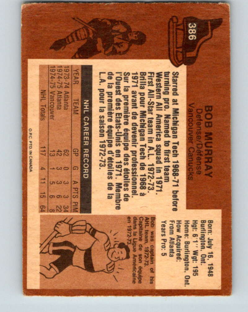 1975-76 O-Pee-Chee #386 Bob Murray Vancouver Canucks 9614 Image 2