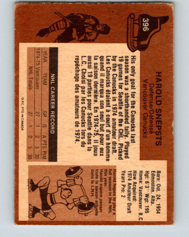 1975-76 O-Pee-Chee #396 Harold Snepsts RC Rookie Vancouver Canucks 9623