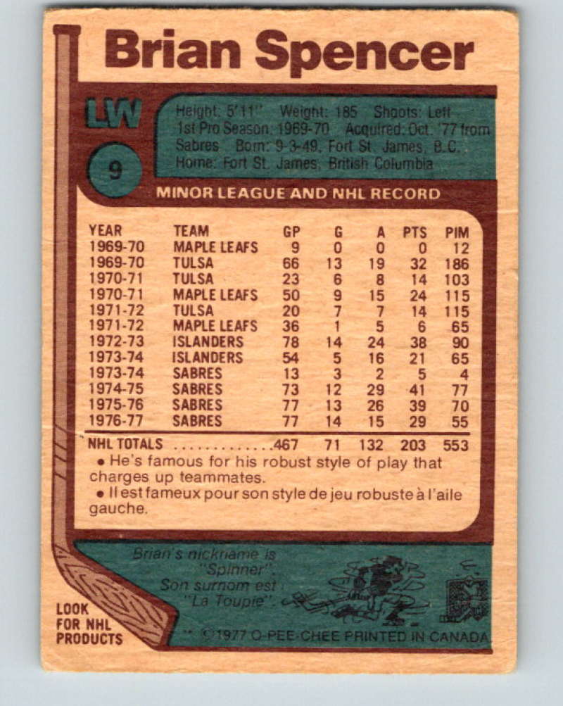 1977-78 O-Pee-Chee #9 Brian Spencer NHL Penguins 9632 Image 2