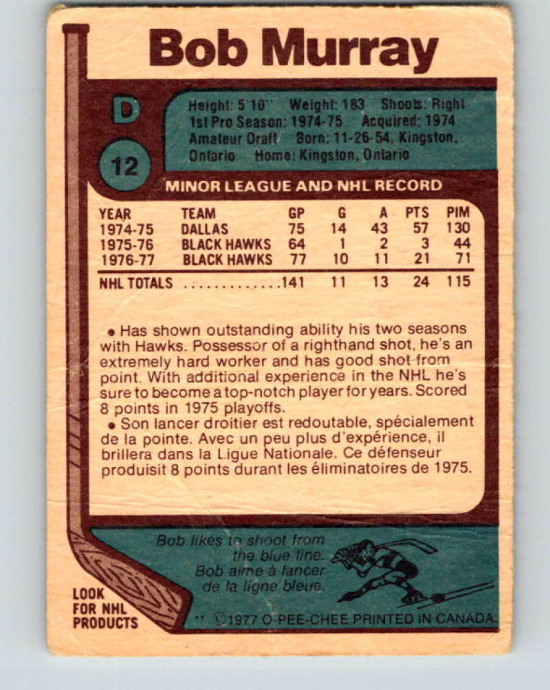 1977-78 O-Pee-Chee #12 Bob Murray NHL Blackhawks 9635 Image 2