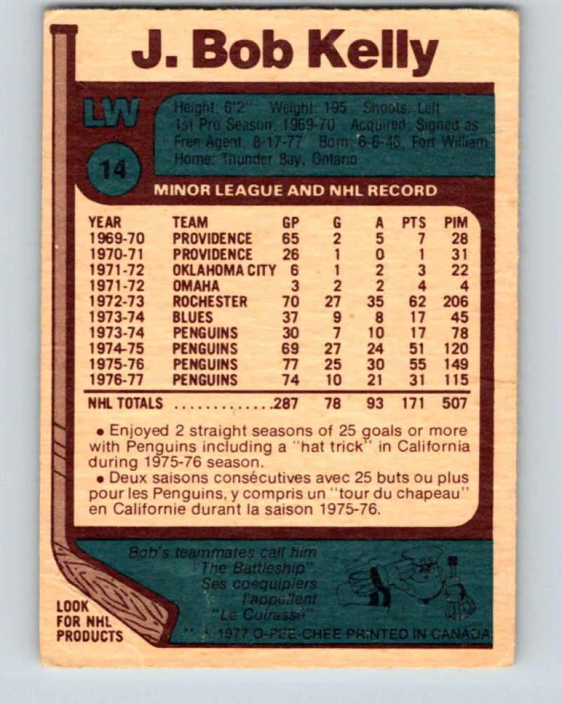 1977-78 O-Pee-Chee #14 J. Bob Kelly NHL Blackhawks 9637 Image 2