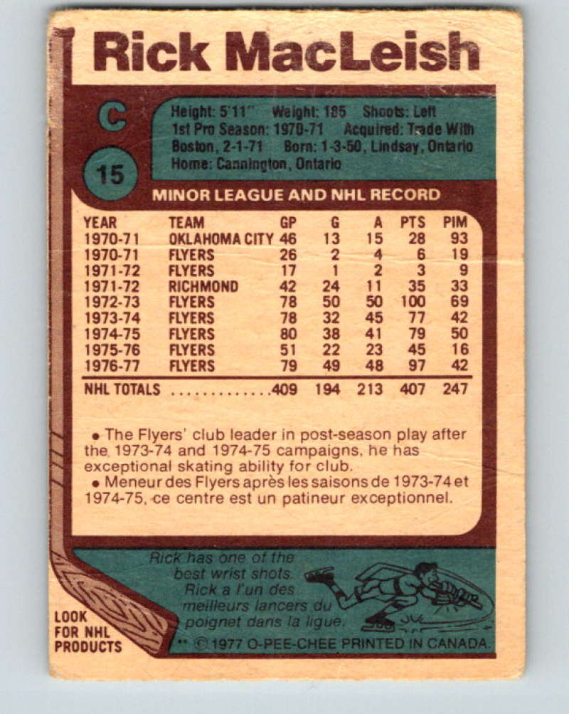 1977-78 O-Pee-Chee #15 Rick MacLeish NHL Flyers 9638 Image 2