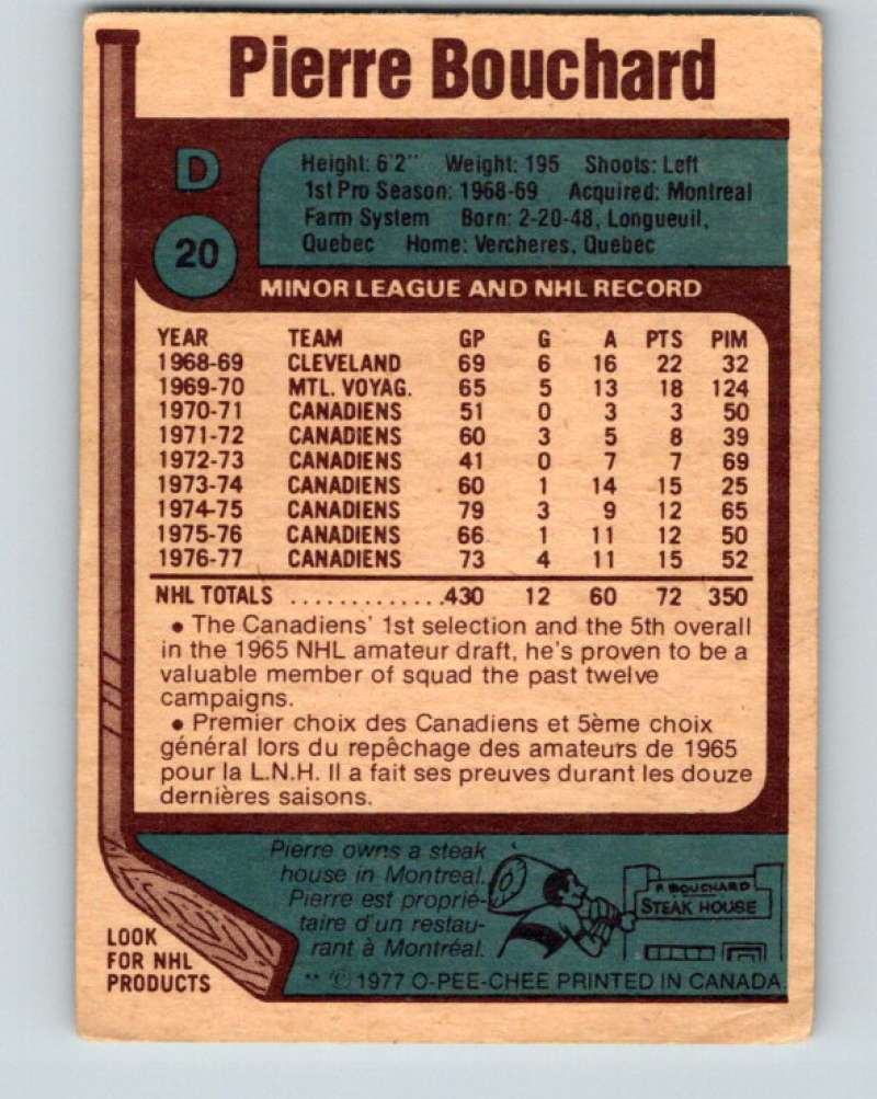 1977-78 O-Pee-Chee #20 Pierre Bouchard NHL Canadiens 9643