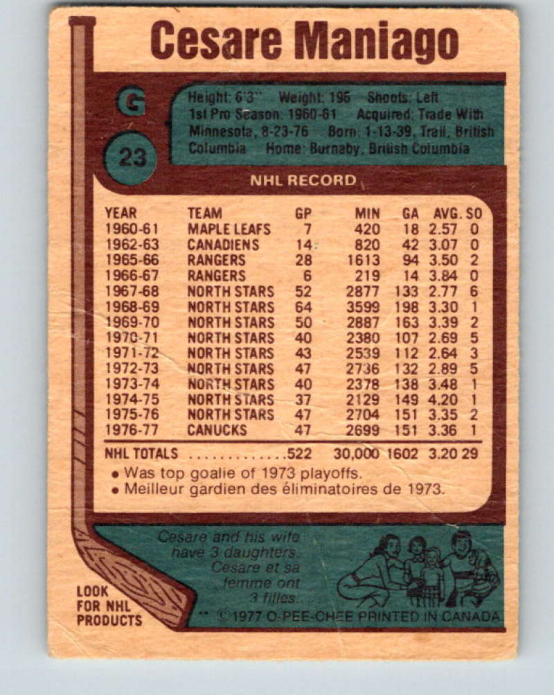 1977-78 O-Pee-Chee #23 Cesare Maniago NHL Canucks 9646 Image 2