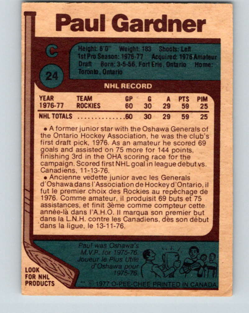 1977-78 O-Pee-Chee #24 Paul Gardner NHL RC Rookie Rockies 9647 Image 2