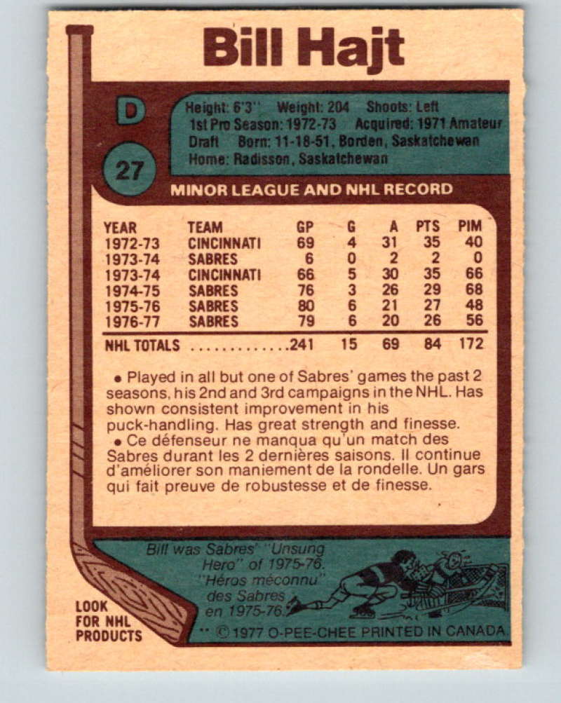 1977-78 O-Pee-Chee #27 Bill Hajt NHL Sabres 9650 Image 2