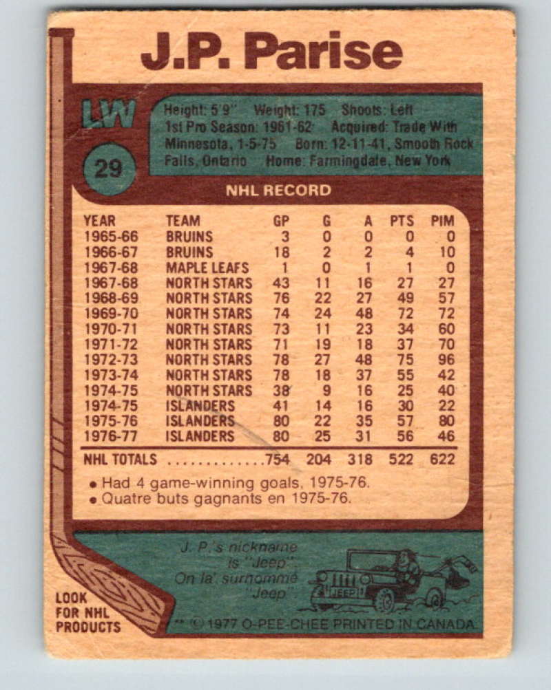 1977-78 O-Pee-Chee #29 J.P. Parise NHL NY Islanders 9652 Image 2