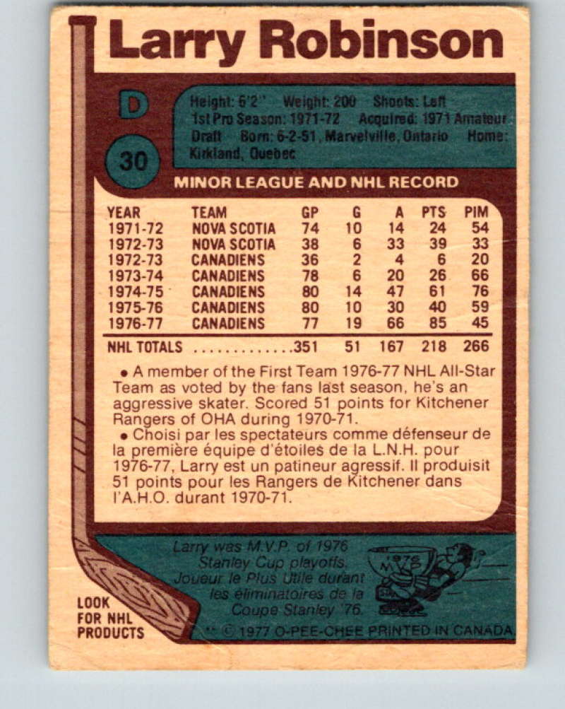 1977-78 O-Pee-Chee #30 Larry Robinson NHL Canadiens AS 9653 Image 2