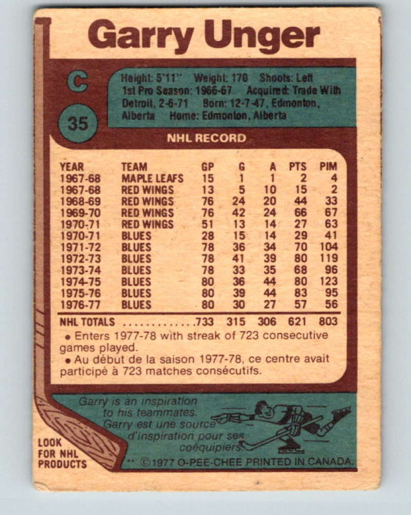 1977-78 O-Pee-Chee #35 Garry Unger NHL Blues 9658 Image 2