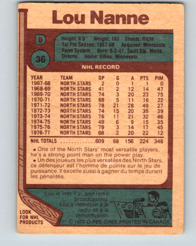 1977-78 O-Pee-Chee #36 Lou Nanne NHL North Stars 9659