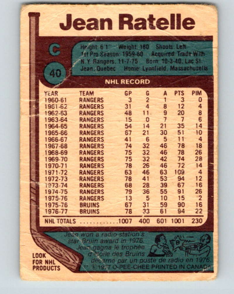1977-78 O-Pee-Chee #40 Jean Ratelle NHL Bruins 9665 Image 2