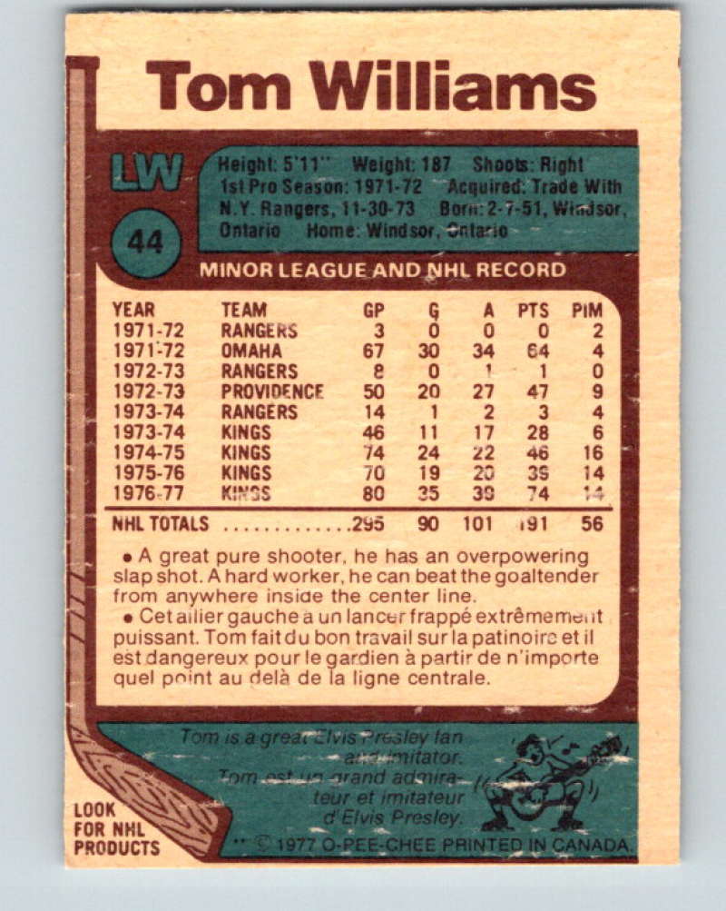 1977-78 O-Pee-Chee #44 Tom Williams NHL Kings 9669 Image 2