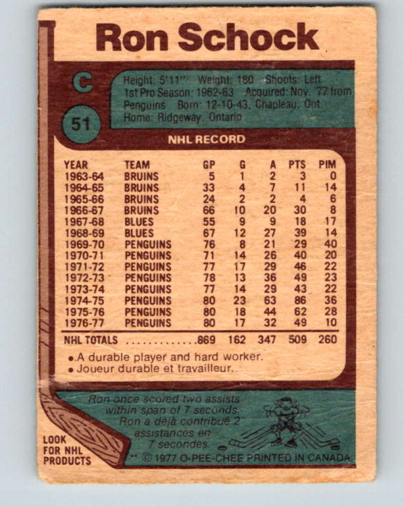 1977-78 O-Pee-Chee #51 Ron Schock NHL Sabres 9677 Image 2