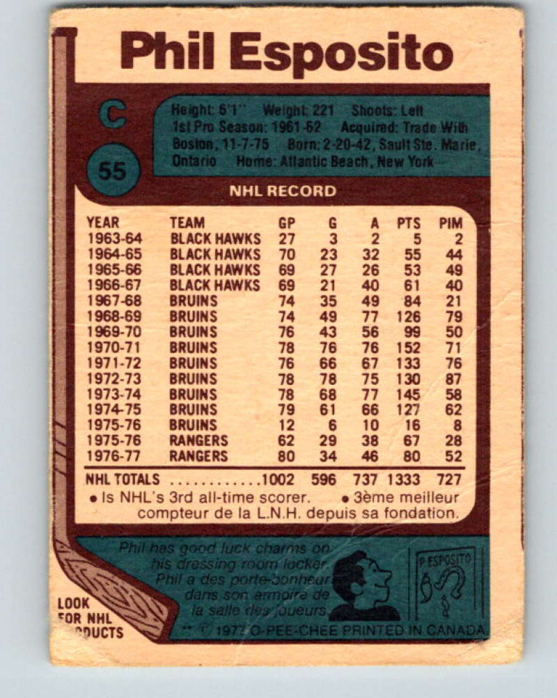 1977-78 O-Pee-Chee #55 Phil Esposito NHL NY Rangers UER 9681 Image 2