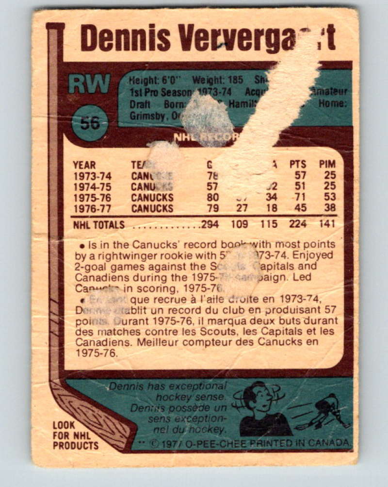 1977-78 O-Pee-Chee #56 Dennis Ververgaert NHL Canucks 9682 Image 2