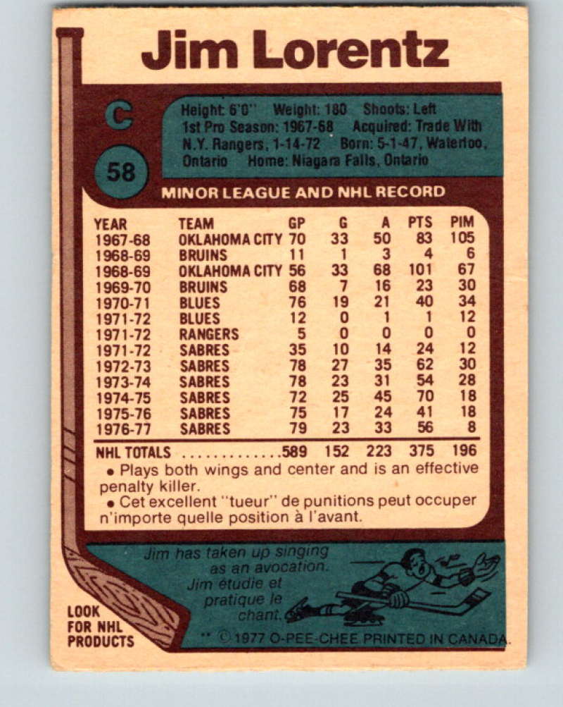 1977-78 O-Pee-Chee #58 Jim Lorentz NHL  Sabres 9684