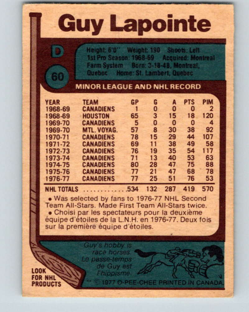 1977-78 O-Pee-Chee #60 Guy Lapointe NHL Canadiens AS 9686