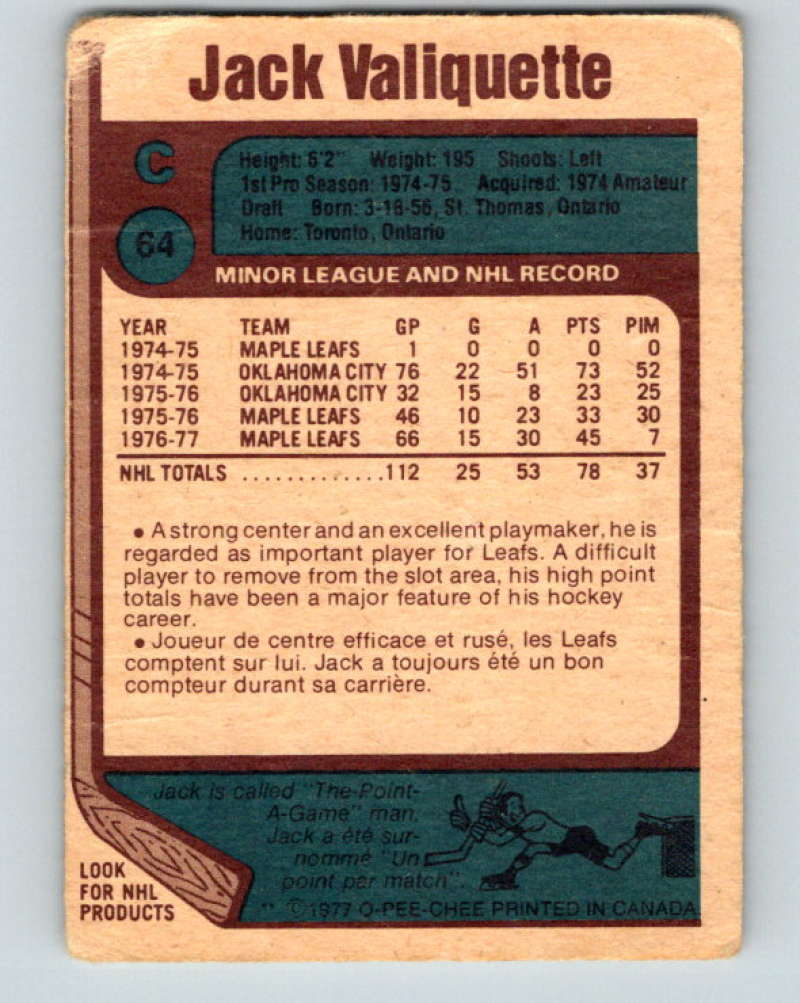 1977-78 O-Pee-Chee #64 Jack Valiquette NHL Maple Leafs 9690 Image 2