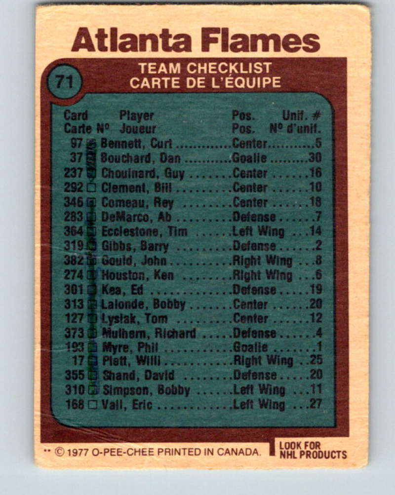 1977-78 O-Pee-Chee #71 Atlanta Flames Team NHL Flames 9697