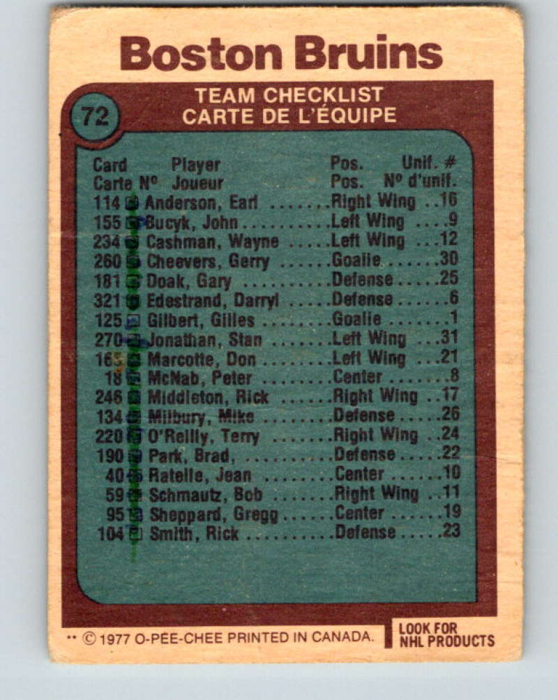 1977-78 O-Pee-Chee #72 Boston Bruins Team NHL Bruins 9698