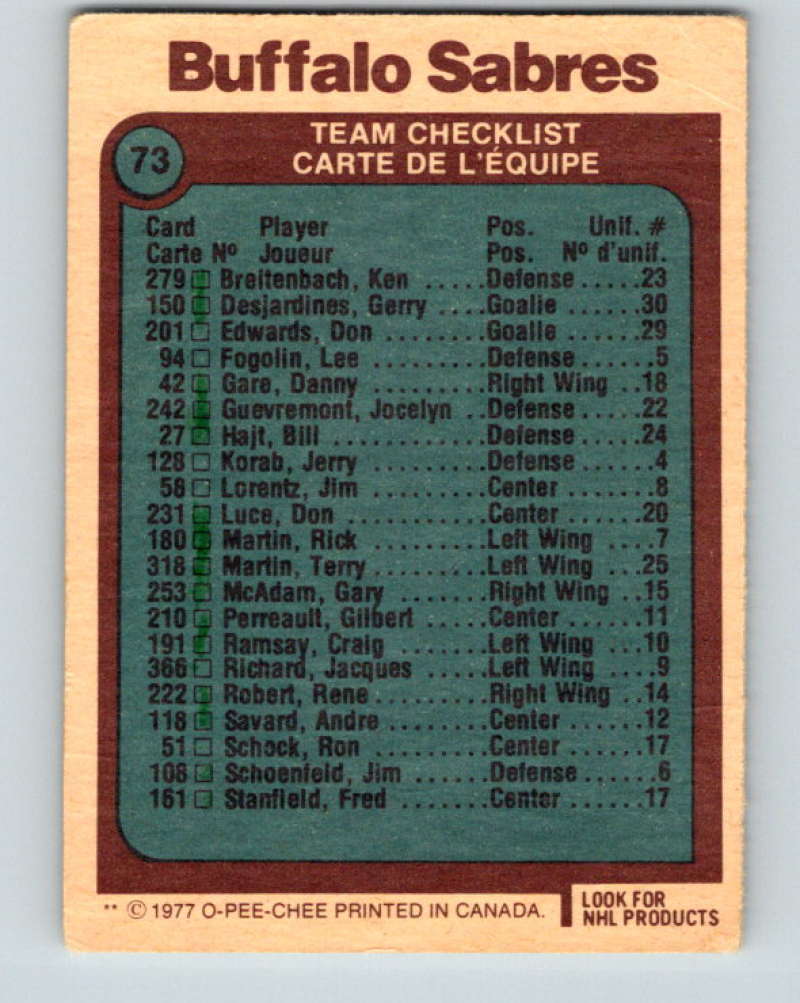 1977-78 O-Pee-Chee #73 Buffalo Sabres Team NHL Sabres 9699 Image 2