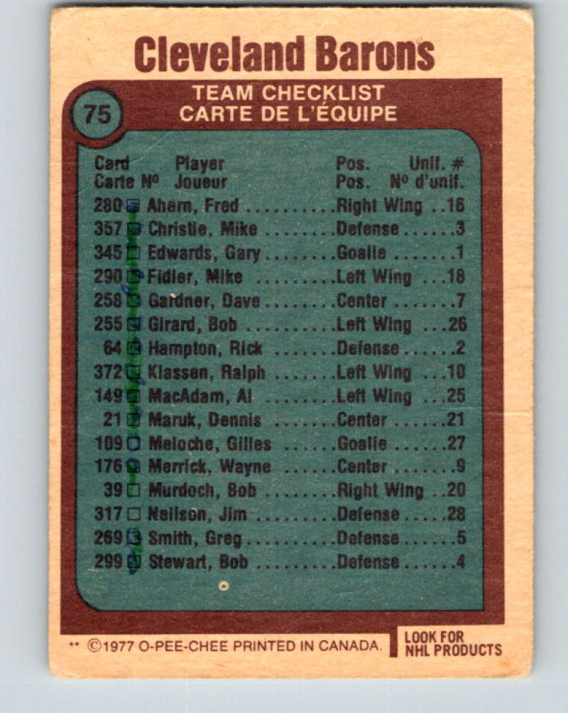 1977-78 O-Pee-Chee #75 Cleveland Barons Team NHL Barons 9701