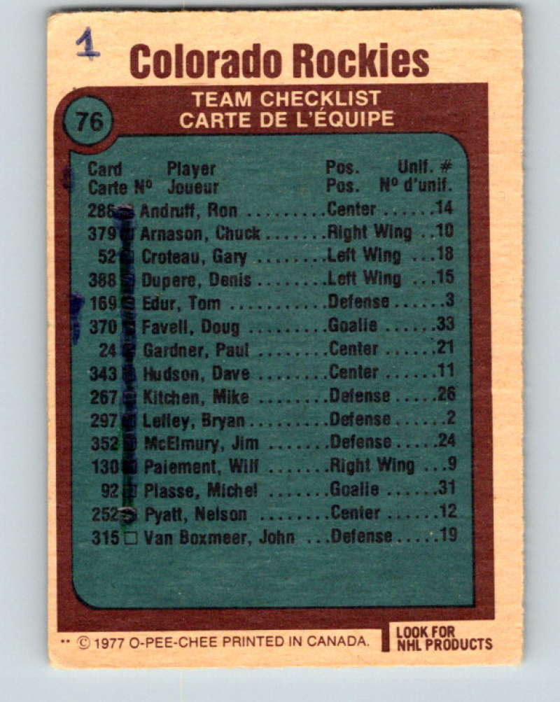 1977-78 O-Pee-Chee #76 Rockies Team NHL Rockies 9702 Image 2