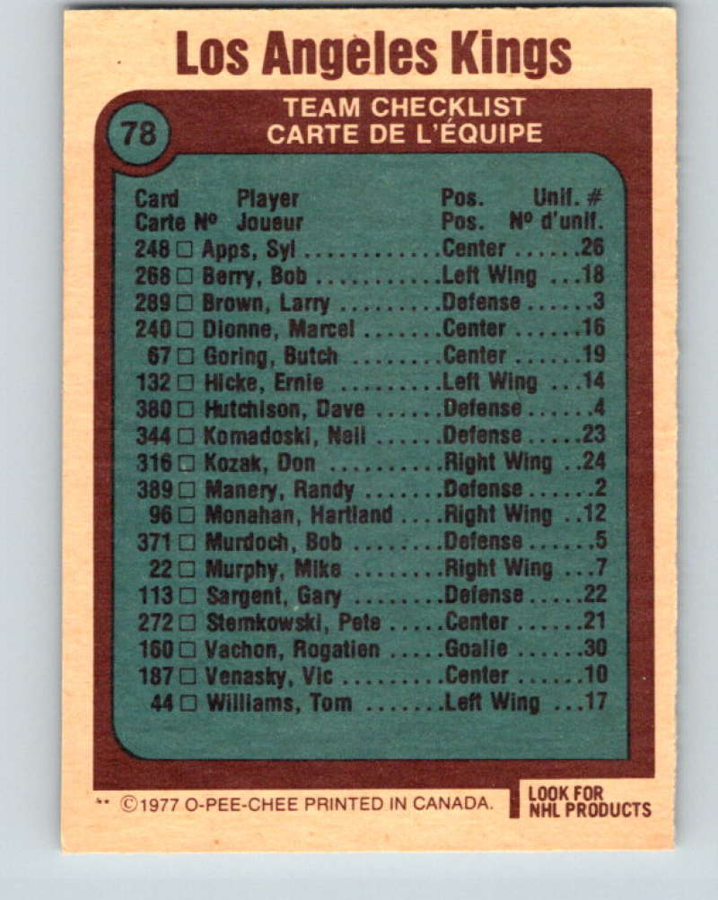 1977-78 O-Pee-Chee #78 Kings Team NHL Kings 9704