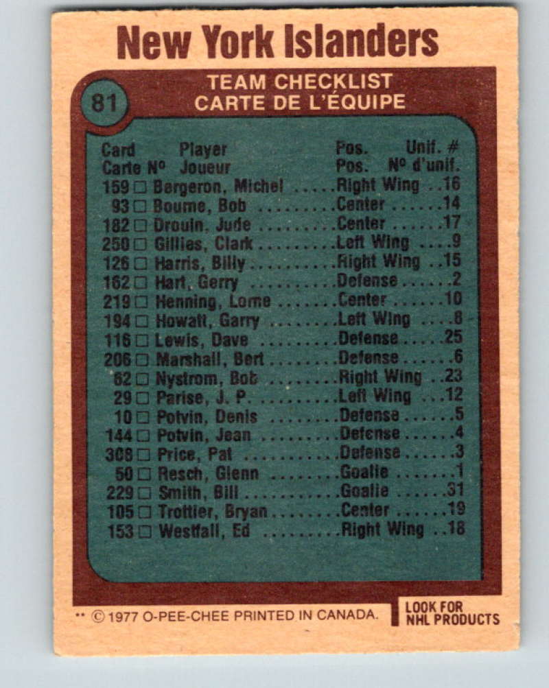 1977-78 O-Pee-Chee #81 Islanders Team NHL NY Islanders 9707 Image 2
